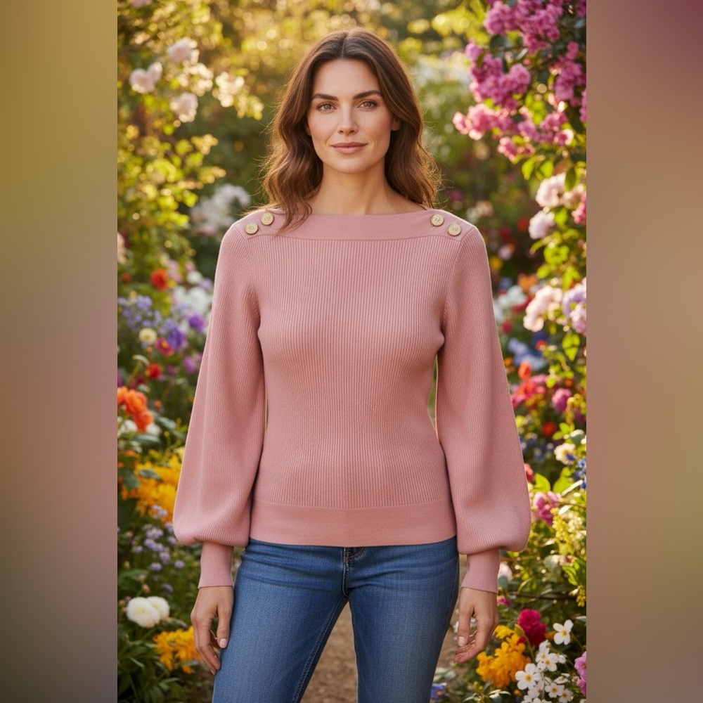 Ralph Lauren Pink Sweater with Gold Button Accents on Shoulders Sz M